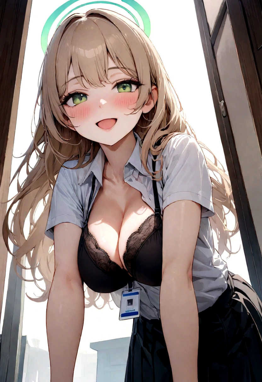 (Highest quality, 8K, masterpiece, Best image quality, High Resolution, Super Detail, Ultra HD, (Delicate and smooth skin, Realistic Skin, Perfect and beautiful face ,Perfect and pretty face, Skin with attention to detail, Perfect limbs)), One girl , blush , Cleavage , Collared shirt , Green Eyes , Green Halo , ID card , Large Breasts , Light brown hair , Long Hair , Open your mouth , Black pleated skirt , Short sleeve , smile , Focus Only , White shirt , Leaning forward , Black bra, A view from a little below, A slightly lower view, Anonymous (Blue Archive)