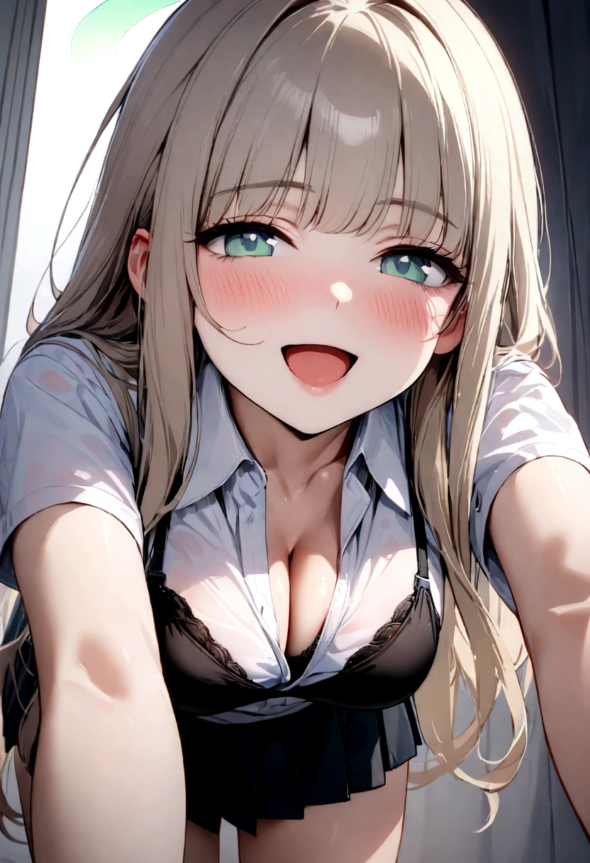 (Highest quality, 8K, masterpiece, Best image quality, High Resolution, Super Detail, Ultra HD, (Delicate and smooth skin, Realistic Skin, Perfect and beautiful face ,Perfect and pretty face, Skin with attention to detail, Perfect limbs)), One girl , blush , Cleavage , Collared shirt , Green Eyes , Green Halo , ID card , Large Breasts , Light brown hair , Long Hair , Open your mouth , Black pleated skirt , Short sleeve , smile , Focus Only , White shirt , Leaning forward , Black bra, A view from a little below, A slightly lower view, Anonymous (Blue Archive)