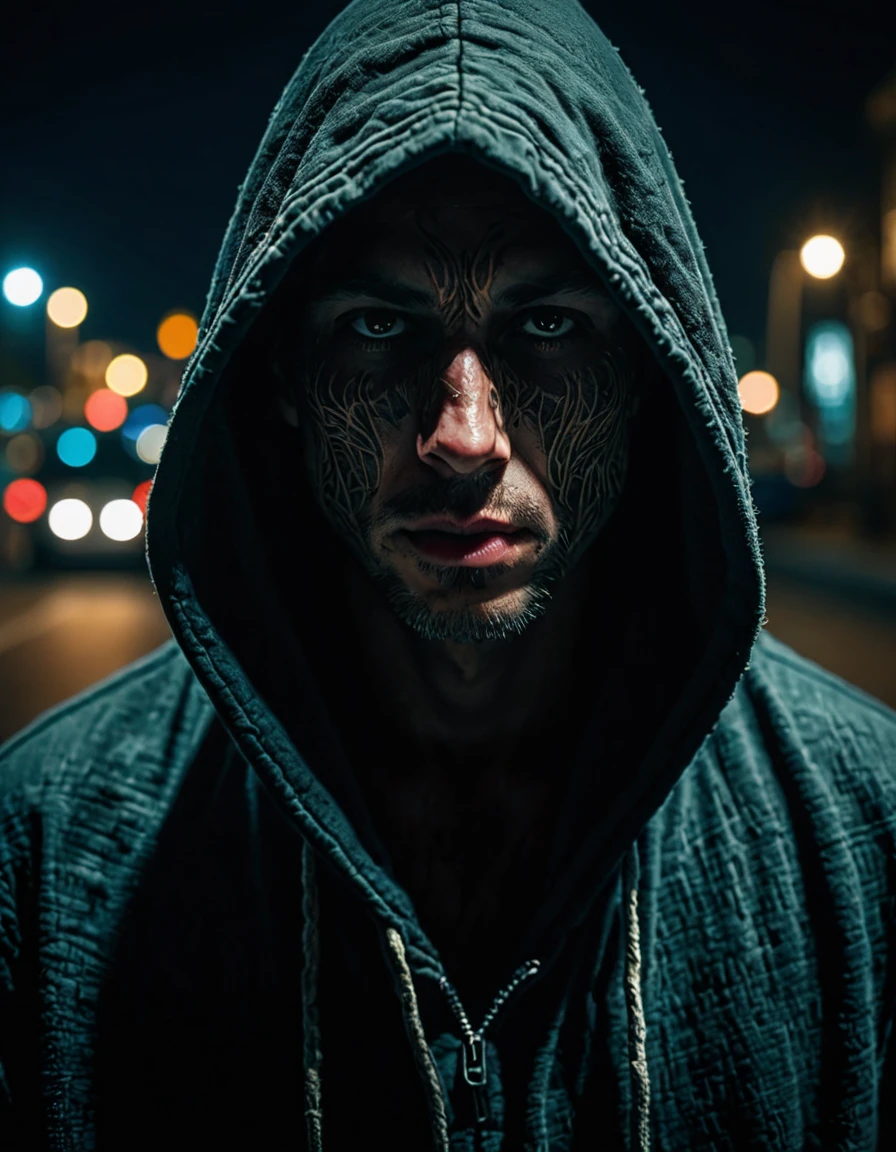 raw photography, a mysterious hooded stranger in the middle of the night, detailed skin with visible pores, insane details, work of art, 8K, hdr, Hyper-Realism, 35mm photography, dslr, Kodacromo, ray tracing