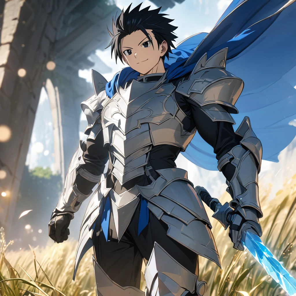 Gray fullbuster, (fairy tail), wearing heavy silver armor with blue details, metal bracelet, metal boots, blue cape, black hair, fringed hair, black eyes, smiling, muscular, holding an ice sword, in a open field,UHD, masterpiece, accurate, anatomically correct, textured skin, super detail, high quality, best quality, 8k, high resolution, bokeh effect.
