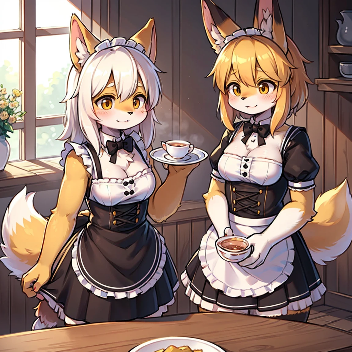 独奏, 1 Hairy, hairy woman, standing alone, whole body, Dog Varieties Holland Lop, Circular Dog Tail, Yellow Dog Tail, dog ears, Yellow Super Long Blue Long, dressed in maid outfit, black maid outfit, detailded, white bow tie on the neck, holding equipment for serving tea, Inside the house, present was