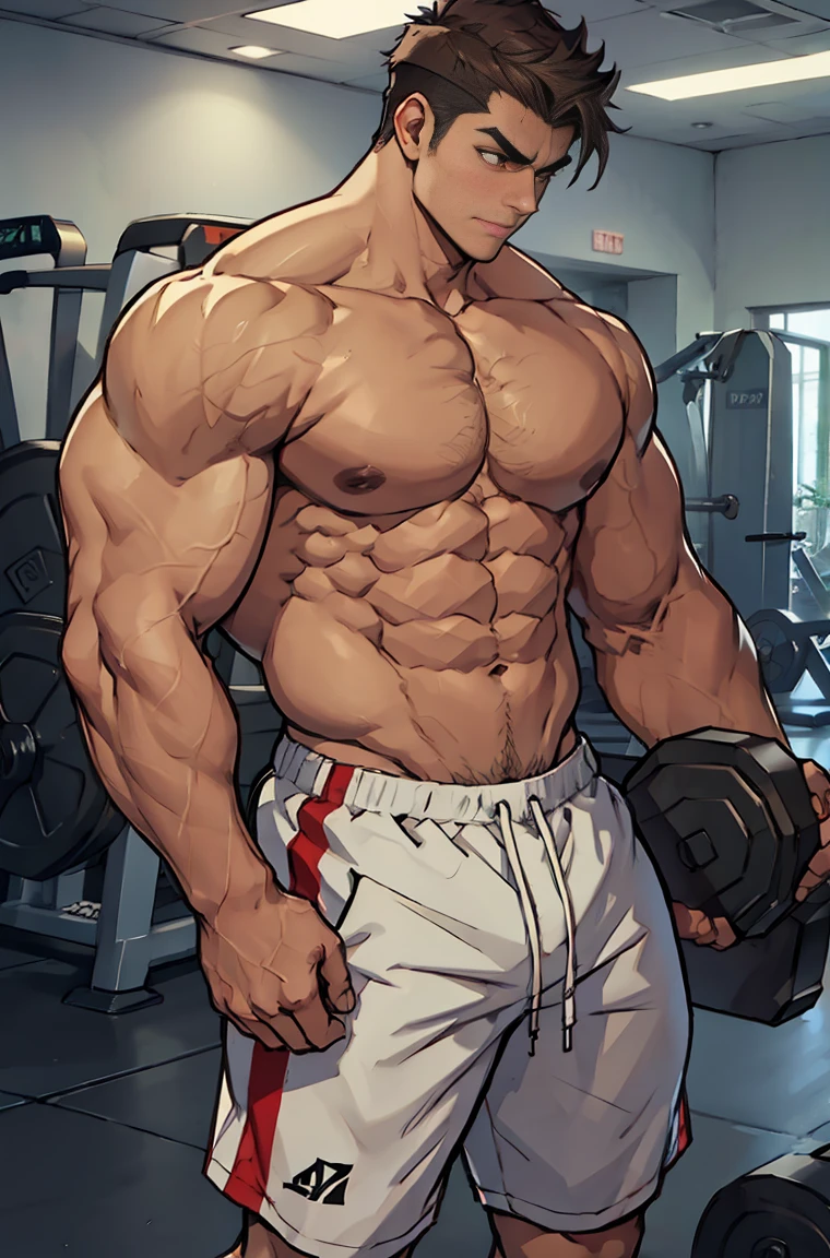 Gym boy, huge pecs, muscular body, thin waist and broad shoulders