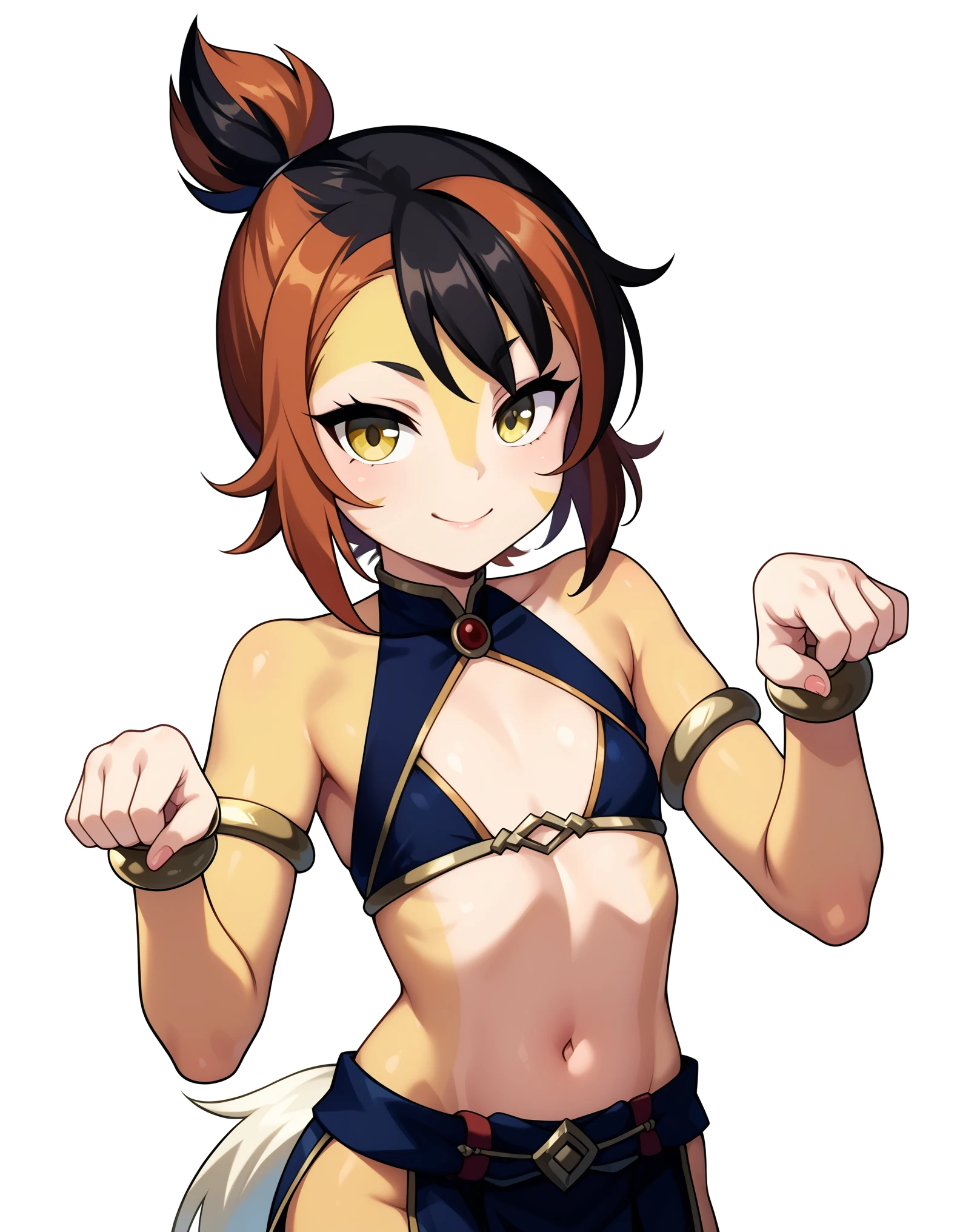 core_9, score_8_up, solo, BREAK, female , wilykit, girl, solo, brown hair, two-tone hair, multicolored hair, armlet, yellow eyes, paw pose, black hair, orange hair, animal ears, flat chest, white background, yellow skin,