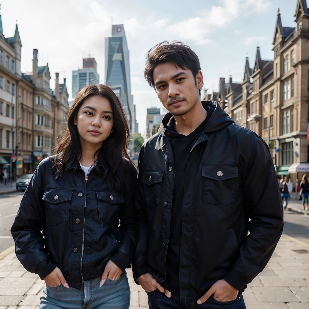 pasangan kekasih ras Indonesia wanita usia 25 tahun berwajah bersih dan laki-laki 28 tahun berwajah bersih , memakai baju couple jaket hitam ,celana jeans ,memakai sepatu kets ,pose sedang berdiri full body ,latar belakang negara London Inggris dengan pemandangan yang indah , realistis HD high-quality photography,high focus , long shoot, cinematic,100k