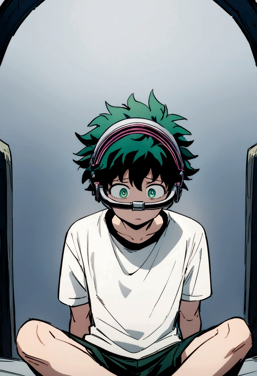 (masterpiece, best quality:1.2), solo, male focus, 1boy, midoriya izuku, short green hair, green eyes, white t-shirt, black shorts, domed helmet with visor covering eyes, mind control device, blank expression in eyes, mouth hanging open, sitting upright, arms hanging loosely at sides, anime style, my hero academia style