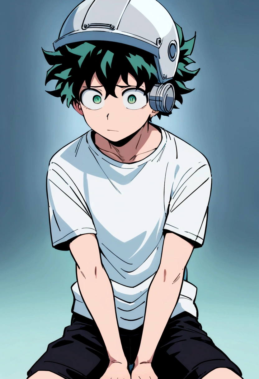 (masterpiece, best quality:1.2), solo, male focus, 1boy, midoriya izuku, short green hair, green eyes, white t-shirt, black shorts, domed helmet with visor covering eyes, mind control device, blank expression in eyes, mouth hanging open, sitting upright, arms hanging loosely at sides, anime style, my hero academia style