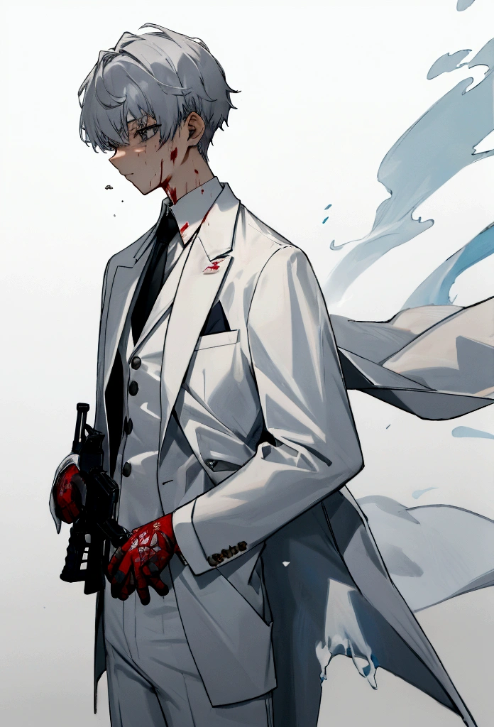 15 year old boy with hair color no. and gray eyes, dressed in a white suit splattered in blood with a gun in his hands looking remorseful