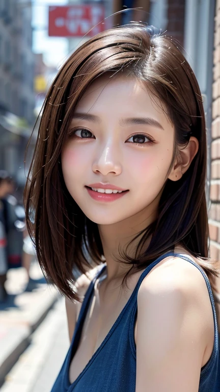 (((Close-up of face)))、(((Brown hair straight)))、(((She is posing like a hair salon model with a New York alleyway in the background.)))、(((She is wearing casual clothes suitable for early summer.。The shoulders are hidden)))、(Natural laughter:1.25)、Half Japanese, half Korean、18 year old girl、Standing Alone、Looking forward、Light eye makeup、Brown Hair Color、Flat and 、Hair blowing in the wind、Actress Quality、Glossy, ultra-realistic face、Smiling face、Watery eyes、Gazing Up、Subtle lighting effects、 Ultra-Realistic Capture、Very detailed、High resolution 16K close up of human skin。Skin texture must be natural、The details must be such that pores can be clearly seen、The skin is healthy、Uniform tone、Use natural light and colors、A worn-out, high-quality photo taken by a model agency&#39;s in-house photographer.、smile、(((SIGMA 300 mm F/1.4,1/1000 sec shutter,ISO 400)))、The background is F-stop 1..4 is blurred
