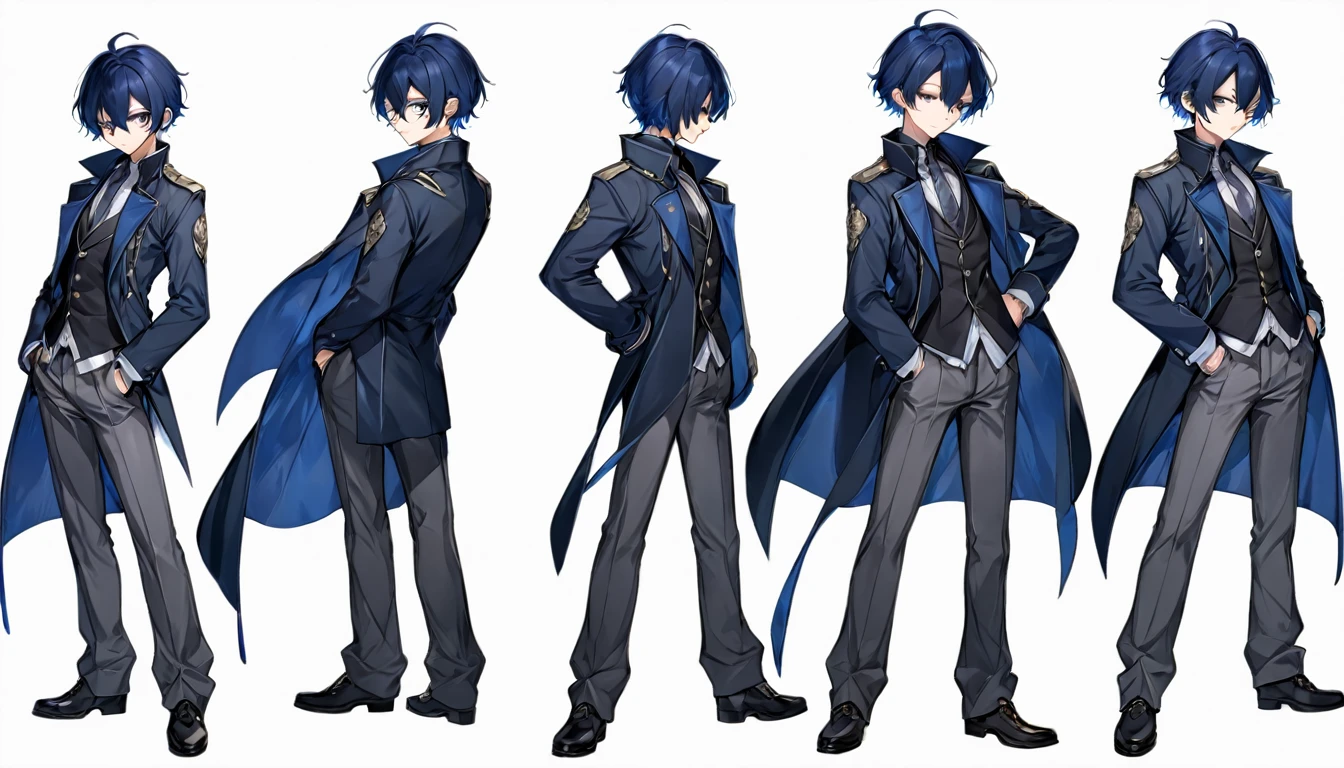 Male, anime, hero, dark blue coat, short blue hair,standing pose, no background , high quality, dark grey pants