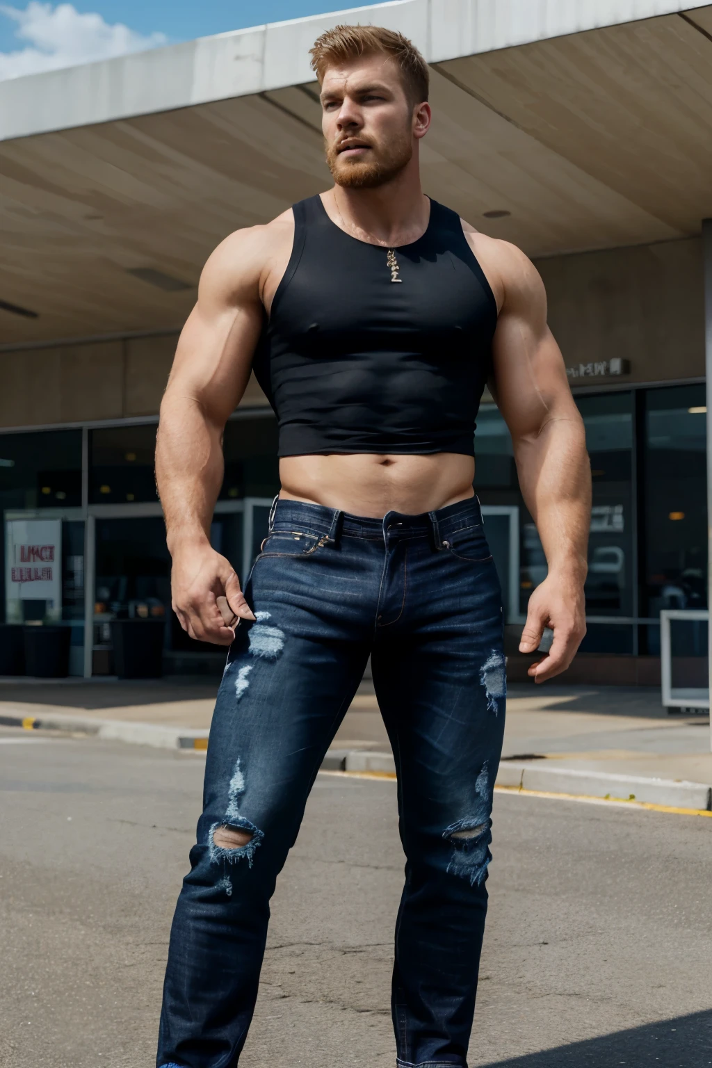 handsome man ohwx, ohwx man, alan ritchson, muscular full body, veins, bodybuilder, beard, shirtless, high definition, highly detailed. (((Black jeans))), big bulge