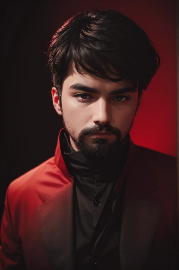 a man all in black with a red background is in the middle of the photo written "unknown"