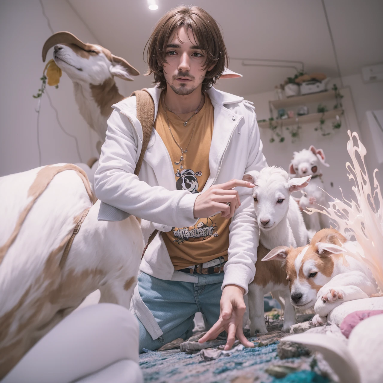 a white and tan jack Russell terrier named George ate all of his owner's psychedelic psilocybin mushrooms and now he finds himself tripping BALLS on a wacky wild adventure with his new best friend who happens to be a brown and white GOAT named Kevin, extreme detail, digital art, psychedelic firey, fire, photorealistic, whimsical, colourful lighting, wide angle lens, slow shutter speed
