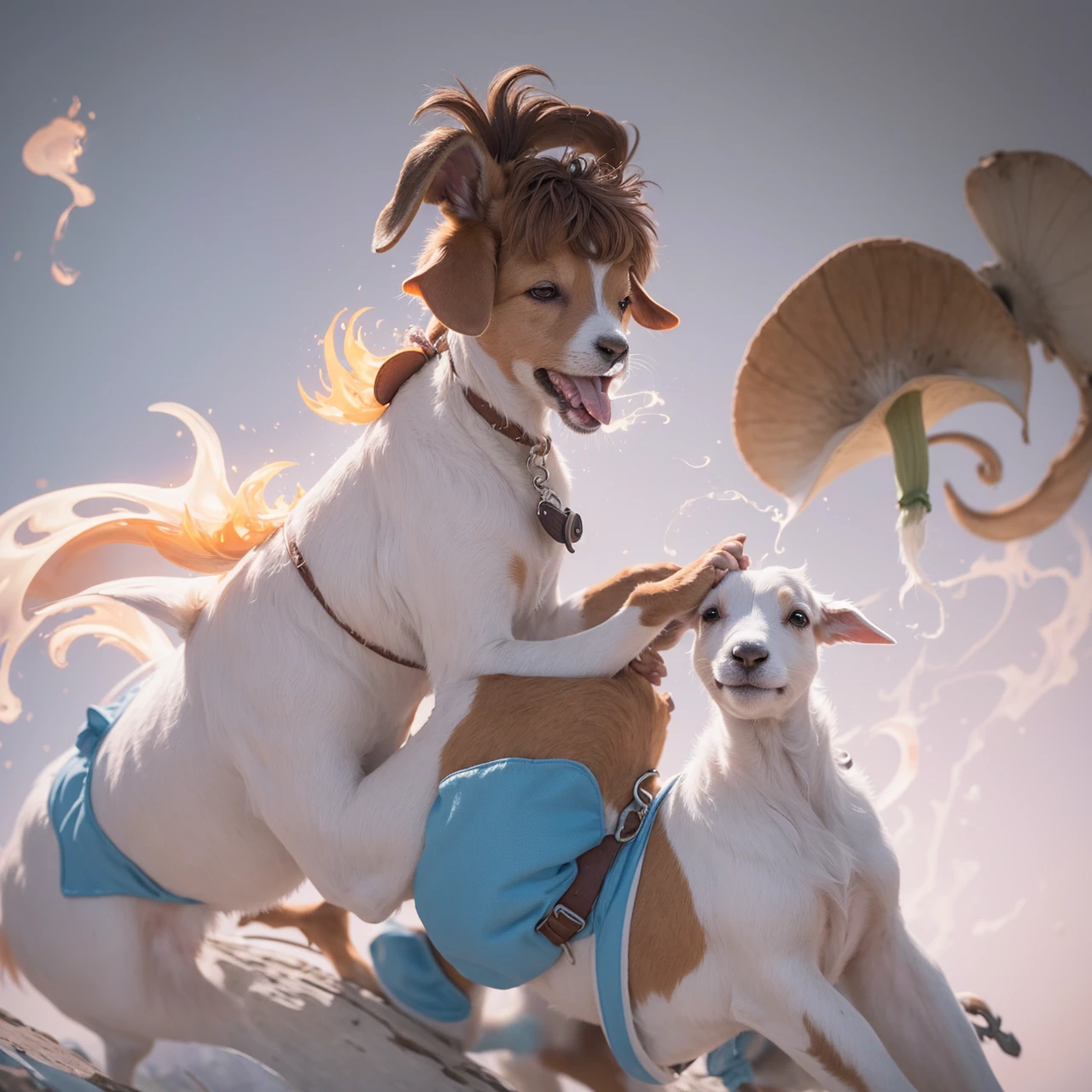 a white and tan jack Russell terrier named George ate all of his owner's psychedelic psilocybin mushrooms and now he finds himself tripping BALLS on a wacky wild adventure with his new best friend who happens to be a brown and white GOAT named Kevin, extreme detail, digital art, psychedelic firey, fire, photorealistic, whimsical, colourful lighting, wide angle lens, slow shutter speed