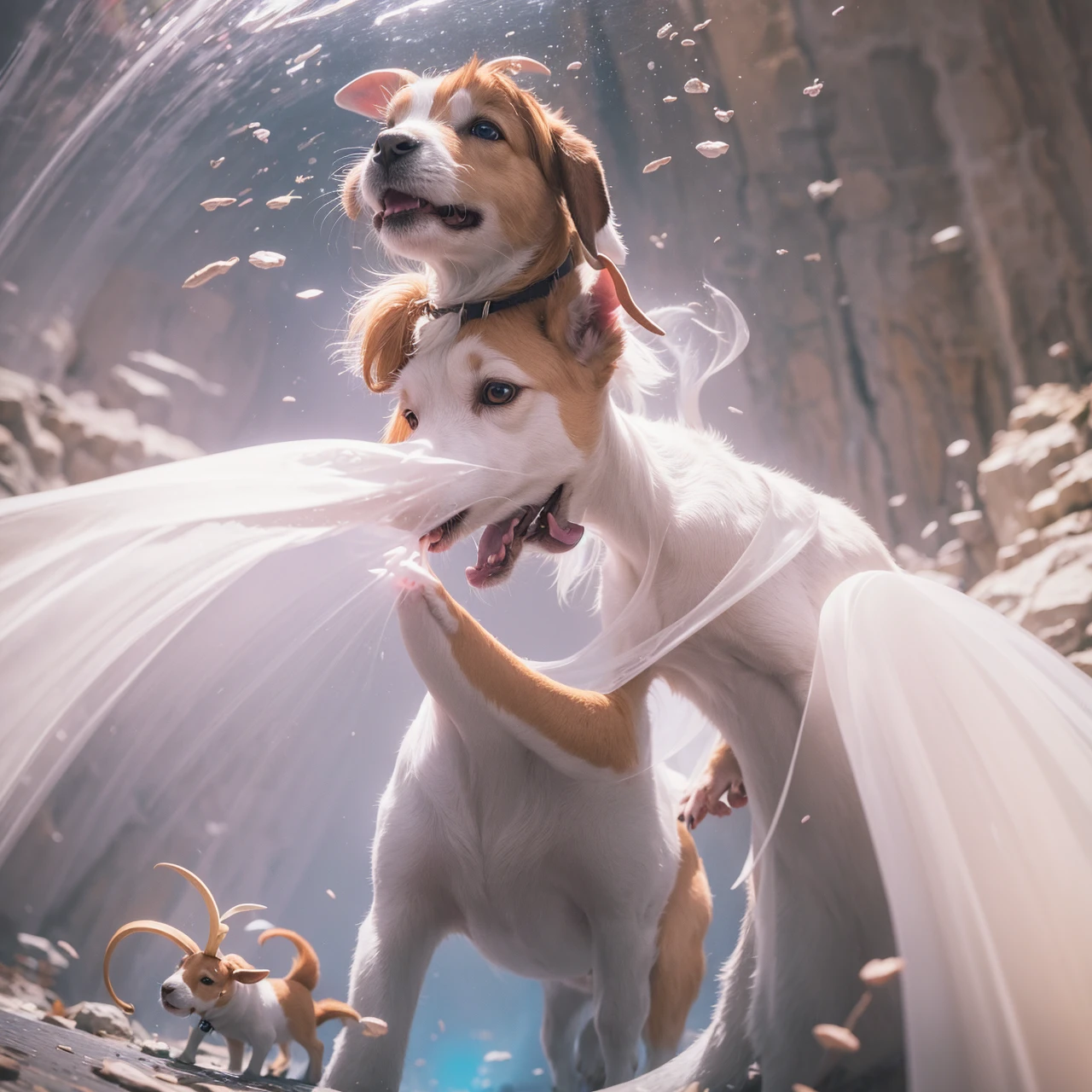 a white and tan jack Russell terrier named George ate all of his owner's psychedelic psilocybin mushrooms and now he finds himself tripping BALLS on a wacky wild adventure with his new best friend who happens to be a brown and white GOAT named Kevin, extreme detail, digital art, psychedelic firey, fire, photorealistic, whimsical, colourful lighting, wide angle lens, slow shutter speed
