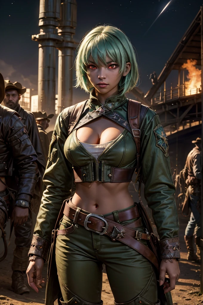 emeraldsustrai, emerald sustrai, short hair, (red eyes:1.5), green hair, dark skin, dark-skinned female, navel, cleavage, midriff, belt, cleavage cutout, chaps, night, moon, stars, standing, broken suspension bridge, near old steam train, post-apocalypse, dystopian future, crowd, (crowd in military uniforms), bonfires, (volumetric lighting),  intricate details, tonemapping, sharp focus, hyper detailed, (cowboy shot:1.5), BREAK (masterpiece:1.2), best quality, high resolution, unity 8k wallpaper, (illustration:0.8), (beautiful detailed eyes:1.6), extremely detailed face, perfect lighting, extremely detailed CG, (perfect hands, perfect anatomy),