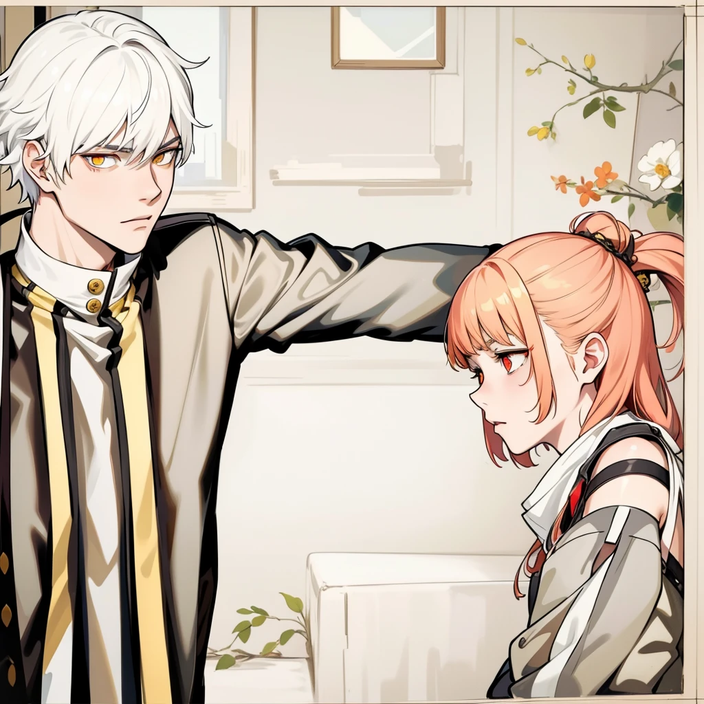 There is a boy with white hair, yellow eyes and a girl with red hair and red eyes, they are talking seriously, worried about an important delicate topic.