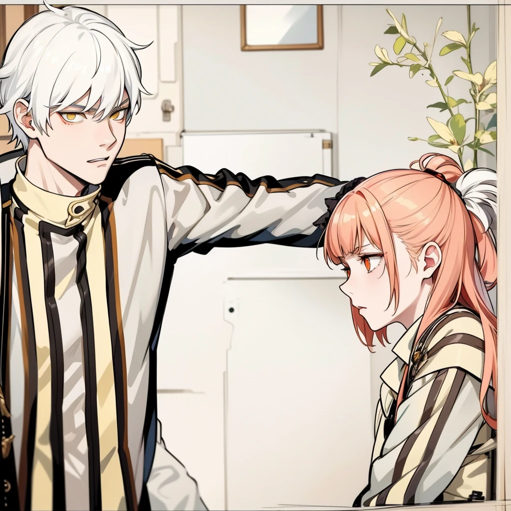 There is a boy with white hair, yellow eyes and a girl with red hair and red eyes, they are talking seriously, worried about an important delicate topic.