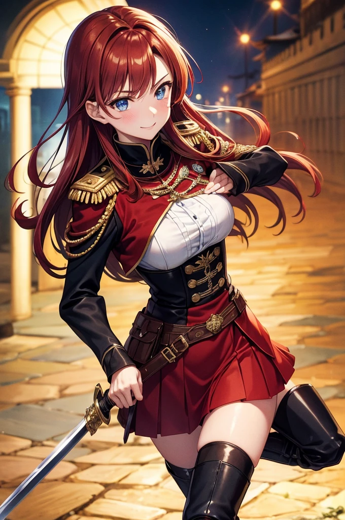 8K High Resolution、(((masterpiece)))、Anime Art、20 year old beauty、Fearless smile、Redhead short cut、167㎝、Small breasts、Blue Eyes、Imposing eyebrows、(((crimson military uniform)))、Vienna in the late 19th century、Austrian Army Officer、Silver rose ornament on chest、Beige knee-length skirt、Black boots、A Japanese sword hangs from his waist