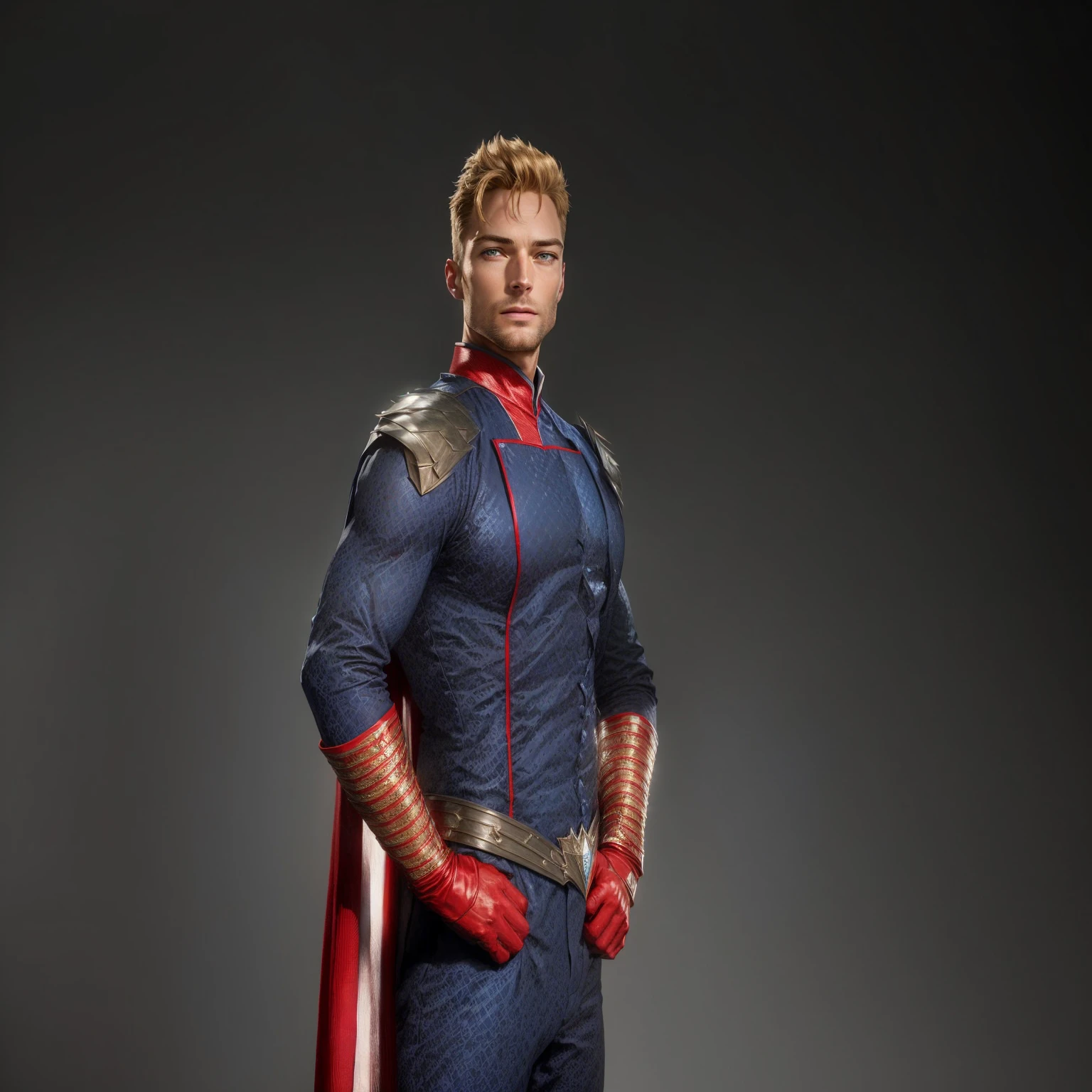 sharp man in blue suit with red cape and red cape, Homelander from the boys, superHero from the boys tv show, Homelander, Justin Hartley como super-homem, portrait of Homelander, No text, still photo, antony starr, promotion still, Hero, his cape is the american flag, por Alexander Sharpe Ross, superHero