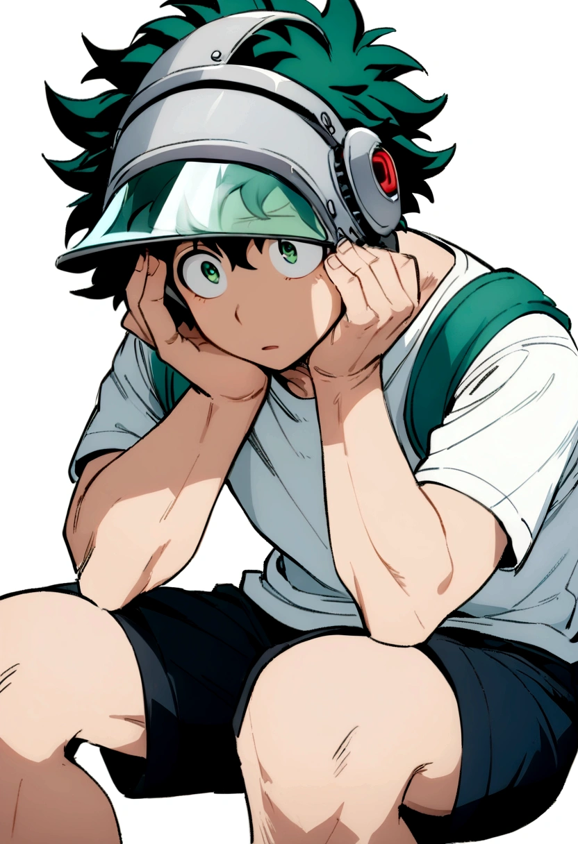 (masterpiece, best quality:1.2), solo, male focus, 1boy, midoriya izuku, short green hair, green eyes, white t-shirt, black shorts, domed helmet with visor covering eyes, mind control device, blank expression in eyes, mouth hanging open, sitting upright, hands resting on knees, anime style, my hero academia style