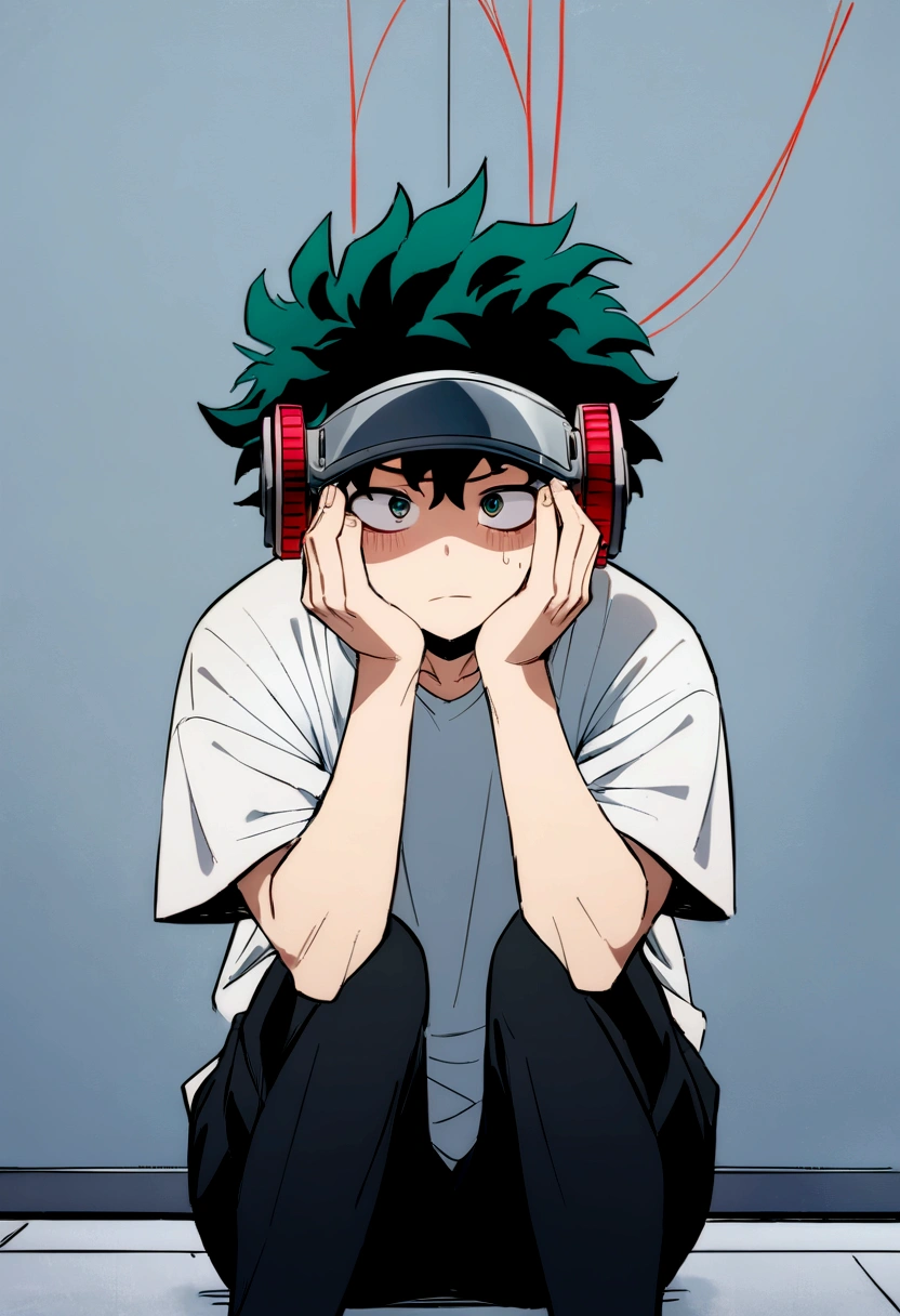 (masterpiece, best quality:1.2), solo, male focus, 1boy, midoriya izuku, short green hair, green eyes, white t-shirt, black shorts, domed helmet with visor covering eyes, mind control device, blank expression in eyes, mouth hanging open, sitting upright, hands resting on knees, anime style, my hero academia style