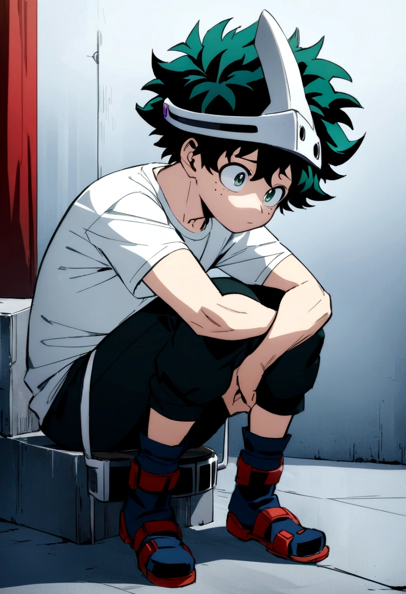 (masterpiece, best quality:1.2), solo, male focus, 1boy, midoriya izuku, short green hair, green eyes, white t-shirt, black shorts, domed helmet with visor covering eyes, mind control device, blank expression in eyes, mouth hanging open, sitting upright, hands resting on knees, anime style, my hero academia style