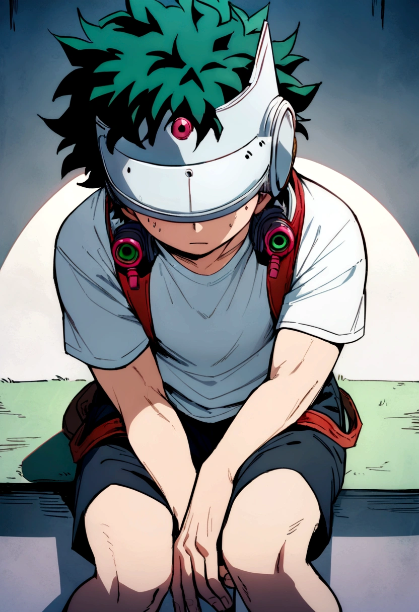 (masterpiece, best quality:1.2), solo, male focus, 1boy, midoriya izuku, short green hair, green eyes, white t-shirt, black shorts, domed helmet with visor covering eyes, mind control device, blank expression in eyes, mouth hanging open, sitting upright, hands resting on knees, anime style, my hero academia style