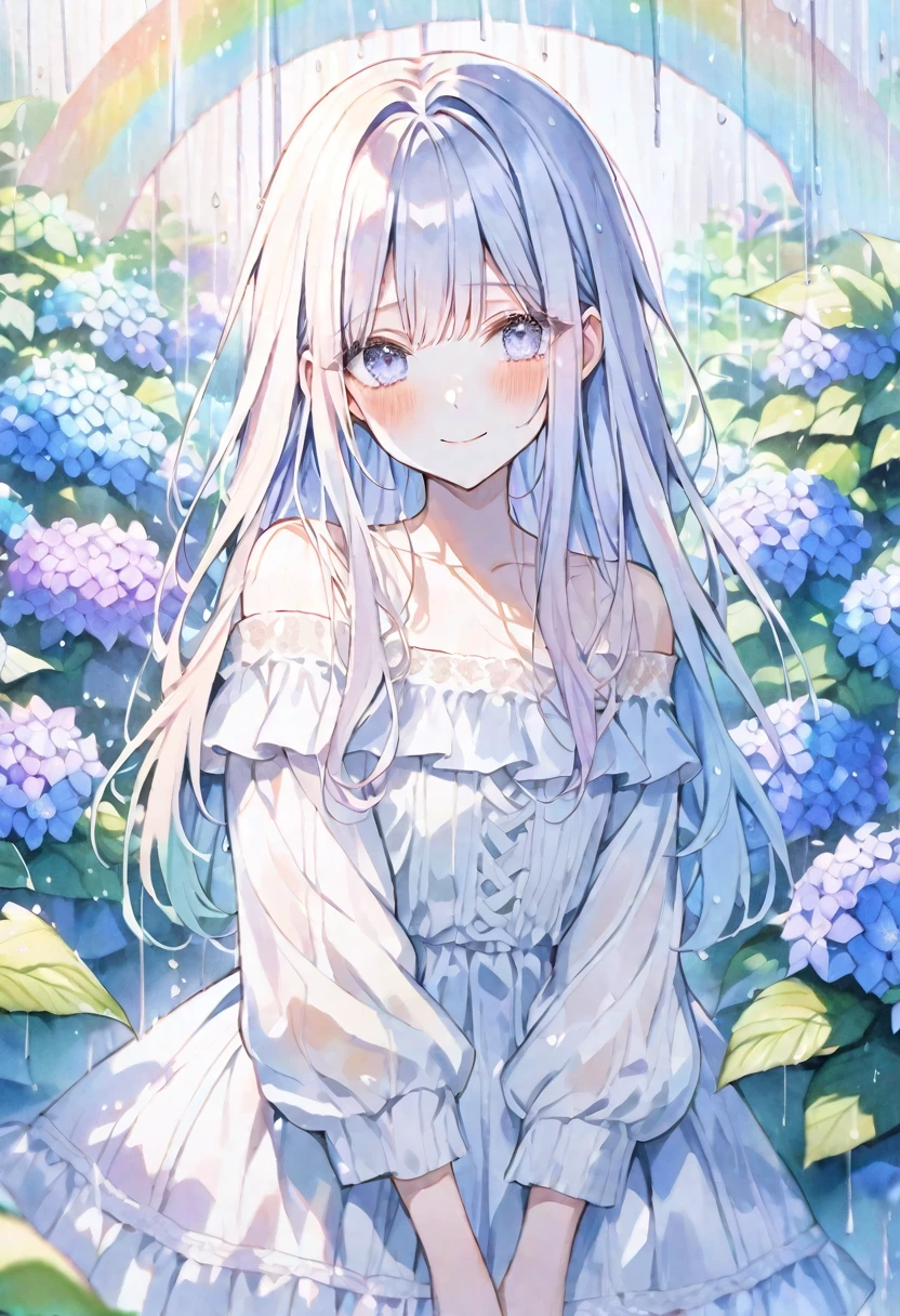 solo, handsome, Watercolor,
1. Female,
Straight Hair,Long Hair, Cream color hair,
White eyes,Soft look,ta,
White Off Shoulder,Thin knit,Good,
skin,Embarrassed,rain,rainbow,smile,
Hydrangea background,