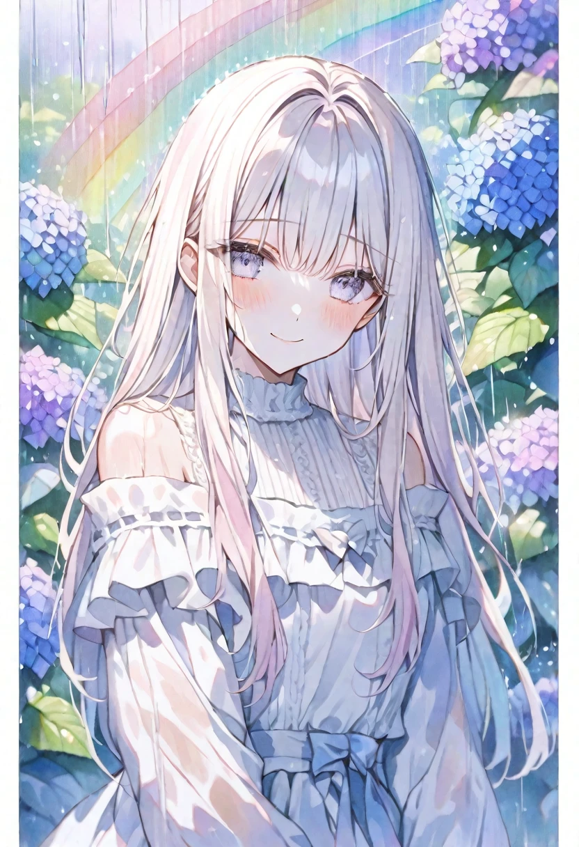 solo, handsome, Watercolor,
1. Female,
Straight Hair,Long Hair, Cream color hair,
White eyes,Soft look,Lolita,
White Off Shoulder,Thin knit,Good,
skin,Embarrassed,rain,rainbow,smile,
Hydrangea background,