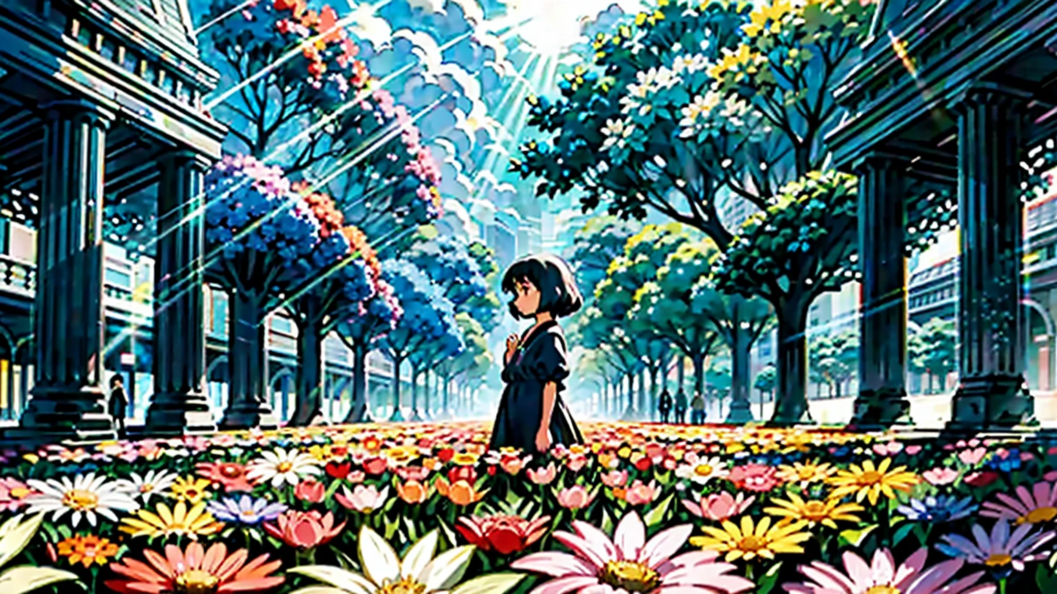 A vibrant flower blooms on the dirty ground of a large gray avenue. A crowd of gray, soulless people crosses the streets. A colorful , shining with bright tones, stands protectively over the flower, protecting her with his little hands and determined eyes. Sunlight breaks through the dark clouds. ghibli studio style