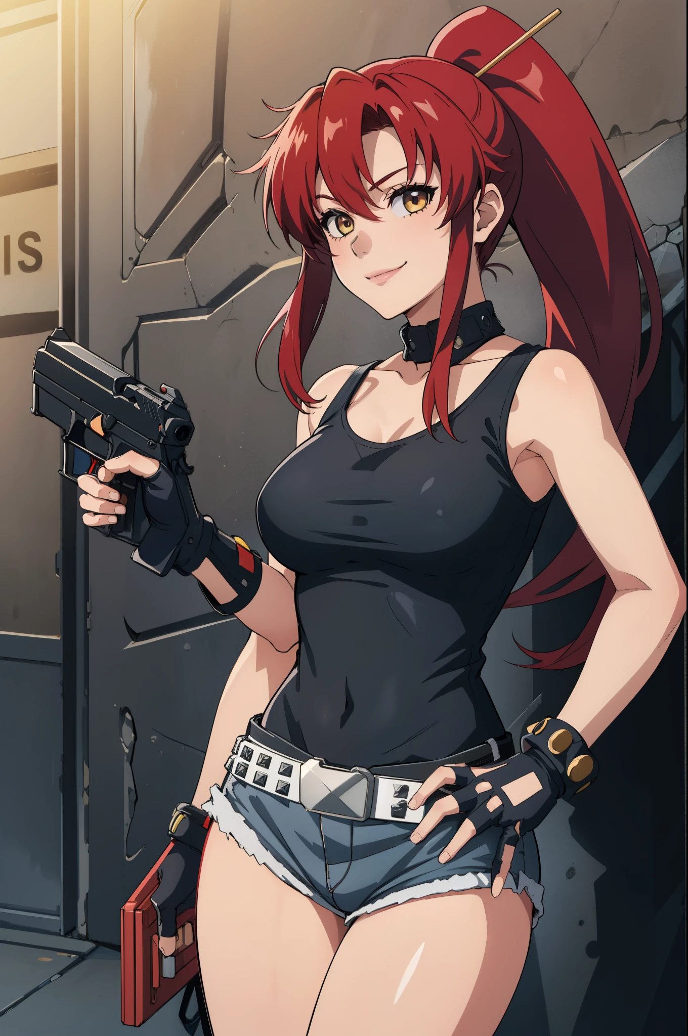 1girl, cute, sexy, red hair, cowboy shot, solo, revy, evil smile, holding gun, handgun, pistol, ponytail, tank top, fingerless gloves, denim shorts, holster, belt, newest