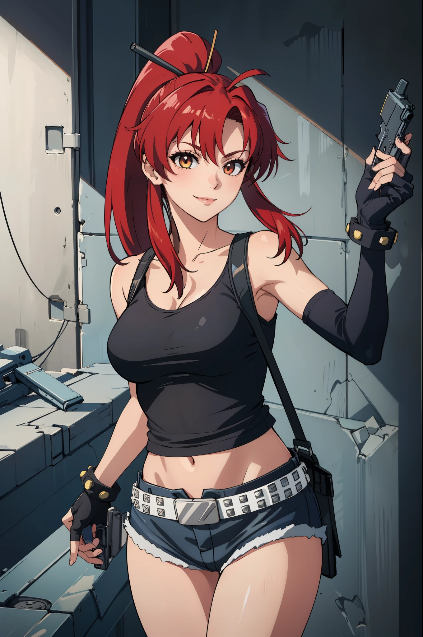 1girl, cute, sexy, red hair, cowboy shot, solo, revy, evil smile, holding gun, handgun, pistol, ponytail, tank top, fingerless gloves, denim shorts, holster, belt, newest