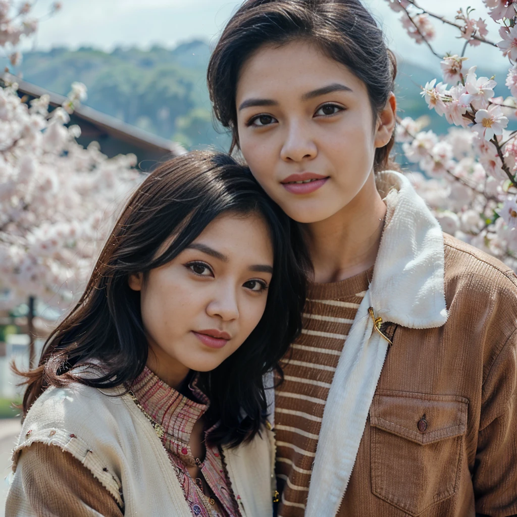 pasangan kekasih ras Indonesia wanita usia 25 tahun berwajah bersih dan laki-laki 28 tahun berwajah bersih , memakai baju couple banu dingin ,celana jeans ,memakai sepatu kets ,pose sedang berdiri full body ,latar belakang negara jepang dengan pemandangan yang sakura yang indah , realistis HD high-quality photography,high focus , long shoot, cinematic,100k