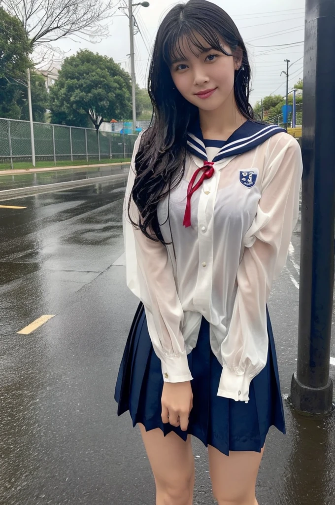 ((being hit by pouring rain, getting soaked, wet hair, wet skin, wet and see-through clothes, high school girl in sailor uniform, taking a full-body photo, wringing out a wet skirt)), cloudy day, (In front of the school gate), glossy plump lips, open lips, exquisite face, natural breasts, wide hips, slim curvaceous body, looking at the viewer