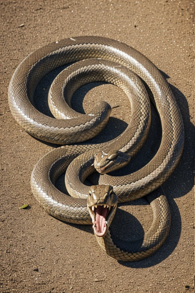 Snake coiled on the ground with its mouth open
