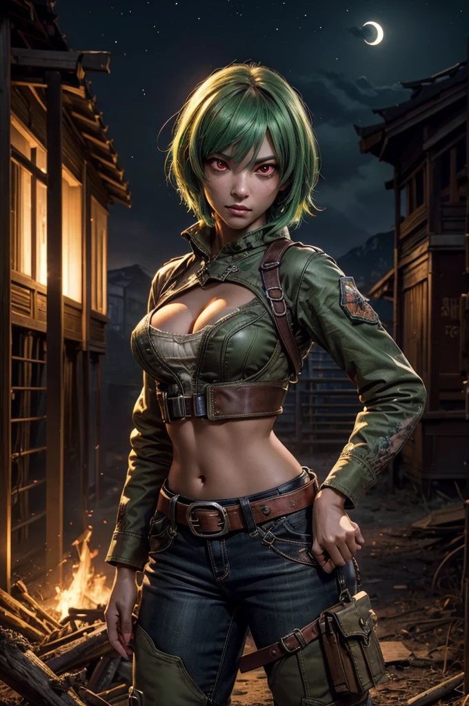 emeraldsustrai, emerald sustrai, short hair, (red eyes:1.5), green hair, dark skin, dark-skinned female, navel, cleavage, midriff, belt, cleavage cutout, chaps, night, moon, stars, standing, hands on hips, broken suspension bridge, near old steam train, post-apocalypse, dystopian future, crowd, (crowd in military uniforms), bonfires, (volumetric lighting),  intricate details, tonemapping, sharp focus, hyper detailed, (cowboy shot:1.5), BREAK (masterpiece:1.2), best quality, high resolution, unity 8k wallpaper, (illustration:0.8), (beautiful detailed eyes:1.6), extremely detailed face, perfect lighting, extremely detailed CG, (perfect hands, perfect anatomy),