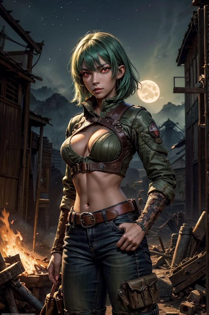emeraldsustrai, emerald sustrai, short hair, (red eyes:1.5), green hair, dark skin, dark-skinned female, navel, cleavage, midriff, belt, cleavage cutout, chaps, night, moon, stars, standing, hands on hips, broken suspension bridge, near old steam train, post-apocalypse, dystopian future, crowd, (crowd in military uniforms), bonfires, (volumetric lighting),  intricate details, tonemapping, sharp focus, hyper detailed, (cowboy shot:1.5), BREAK (masterpiece:1.2), best quality, high resolution, unity 8k wallpaper, (illustration:0.8), (beautiful detailed eyes:1.6), extremely detailed face, perfect lighting, extremely detailed CG, (perfect hands, perfect anatomy),