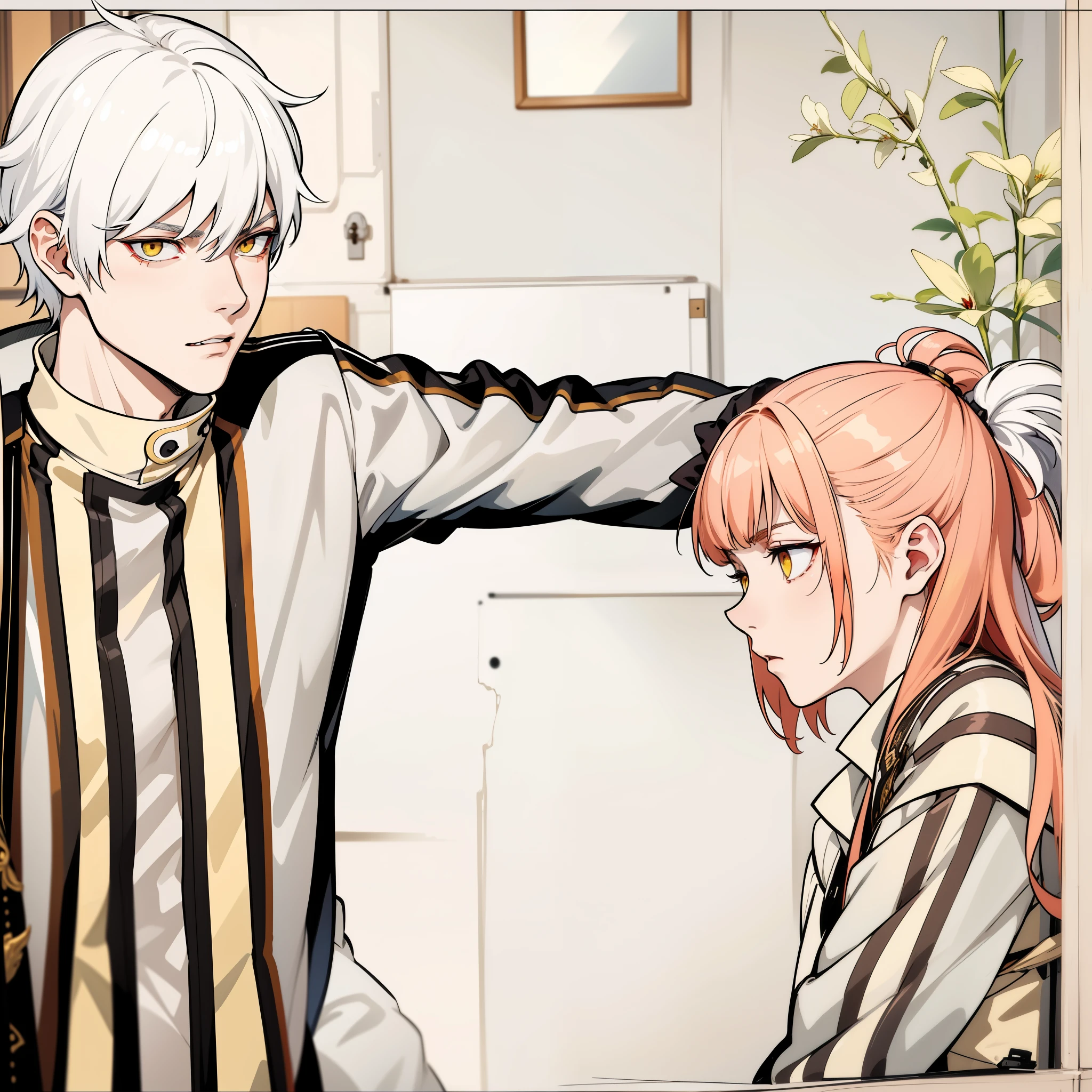 There is a boy with white hair, yellow eyes and a girl with red hair and red eyes, they are talking seriously, worried about an important delicate topic.