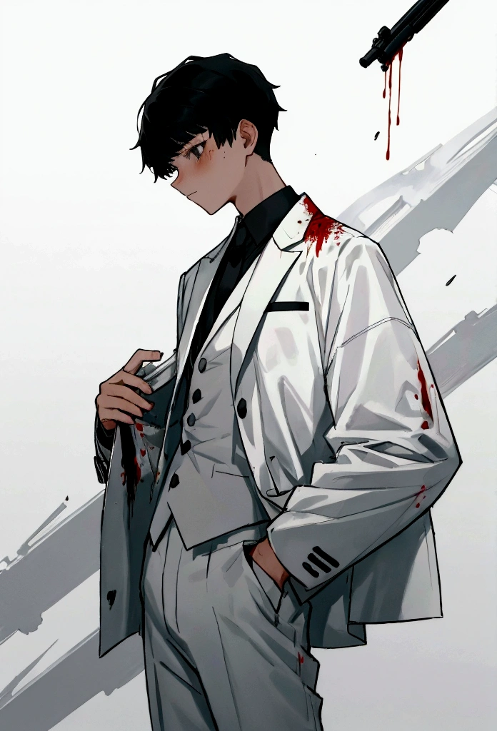 15 year old boy with black hair and gray eyes, dressed in a white suit splattered in blood with a gun in his hands looking remorseful
