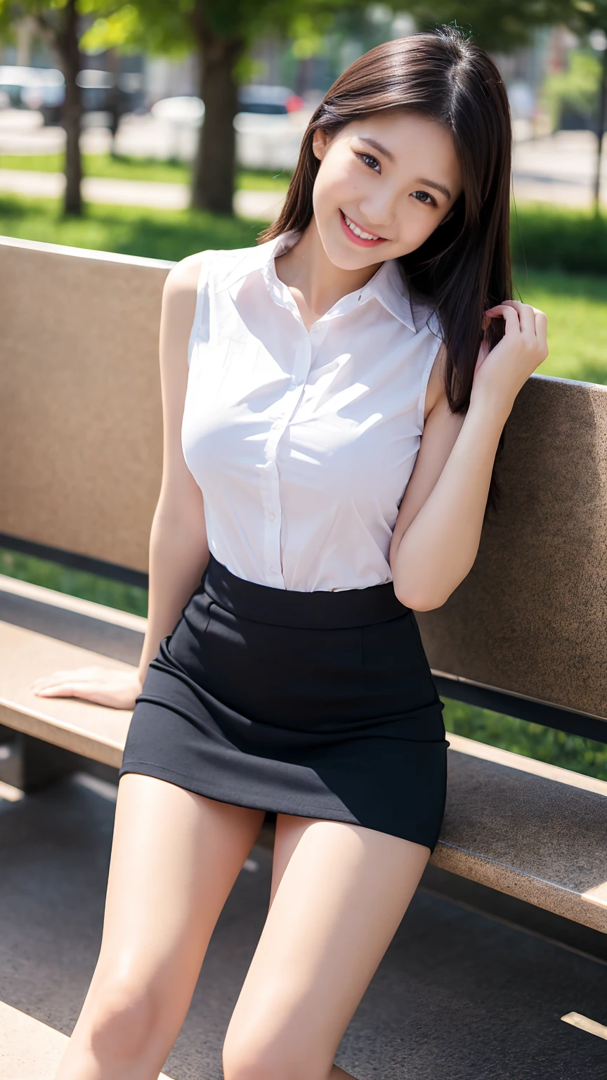 Japanese office lady、Sleeveless Shirt、lunch、sitting on a park bench、smile、Check tight mini skirt、masterpiece,best quality,ultra detailed,highres,high-resolution,4K,realistic,RAW photo,((real person)),portrait photography,photorealistic,detailed skin,(delicate black eyes ), A soothing woman with sagging eyes,Calm and calm, middle hair,skinny,clothing,The wind is blowing,tareme、Beautiful legs、Small shirt、upskirt、((Knees are higher than hips))、White shorts、Bend your knees、Knee Up、(huge breasts)、(Her shirt was about to burst because of her large bust),Detailed Details