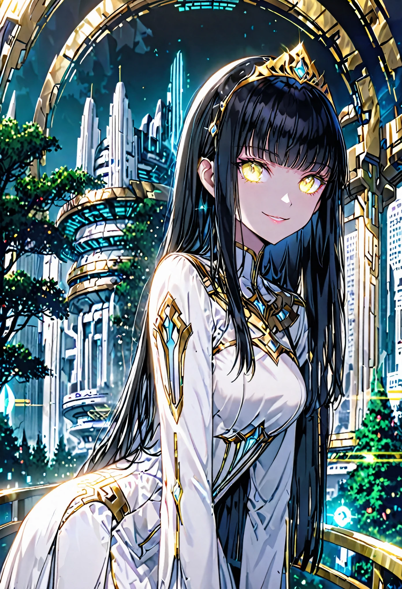 virtual woman, long black hair, straight hair, straight bangs, glowing hair, glowing eyes:0.5, svelte, white chiton, wise, leaning forward, smile, gleaming eyes, gold tiara, hologram, futuristic architecture, happy, arcology, trees