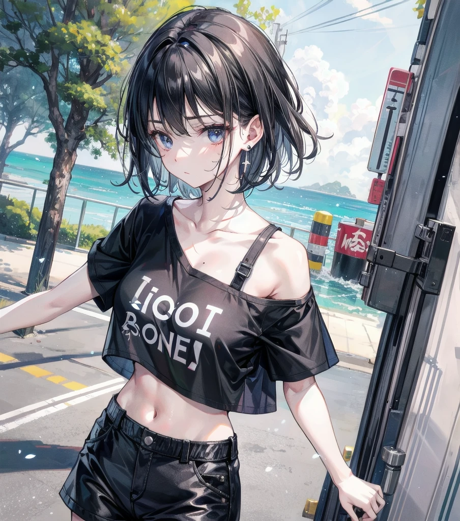 whole body, solo, alone, delicate facial features, medium tits, medium hair, black hair, tearful mole, earring, t-shirt, crop top, Hot Pants, outdoor,