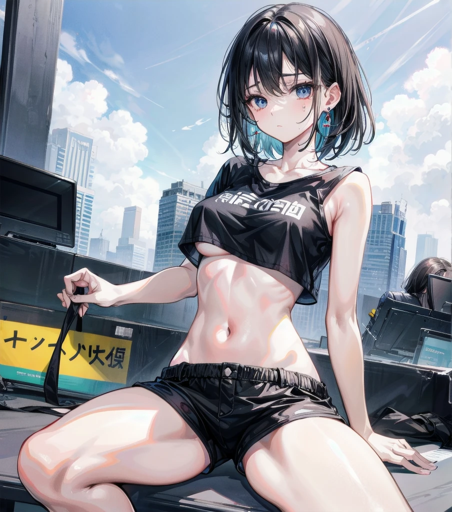 whole body, solo, alone, delicate facial features, medium tits, medium hair, black hair, tearful mole, earring, t-shirt, crop top, Hot Pants, outdoor,