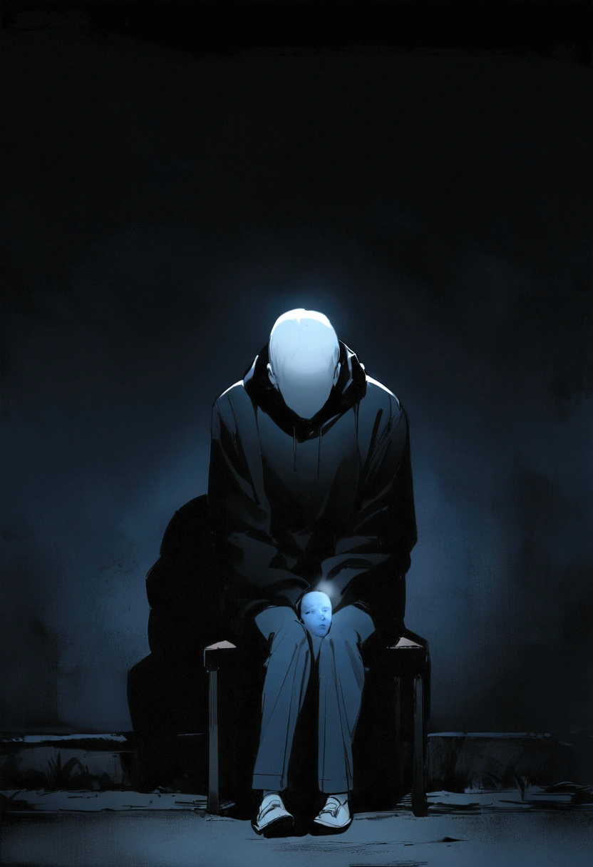 Depressed man in black hoodie, Person sitting on the side of the road at night, Think, with face not visible, There is a blue cast in the photo