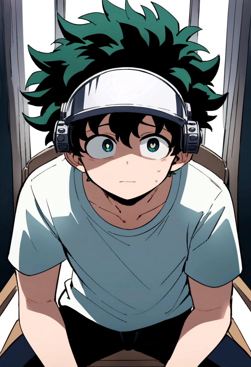 (masterpiece, best quality:1.2), solo, male focus, 1boy, midoriya izuku, short green hair, green eyes, white t-shirt, black shorts, domed helmet with visor covering eyes, mind control device, blank expression in eyes, eyes staring straight forward, mouth hanging open, sitting in chair, anime style, my hero academia style