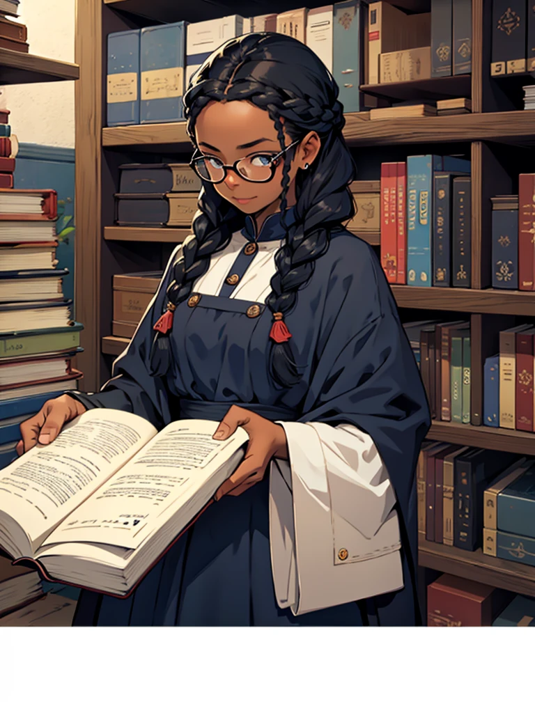uma garota negra, with dark blue braids, who wears glasses, carrying books, in witch uniform