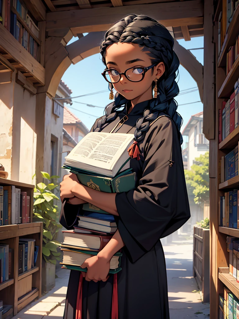 uma garota negra, with dark blue braids, who wears glasses, carrying books, in witch uniform