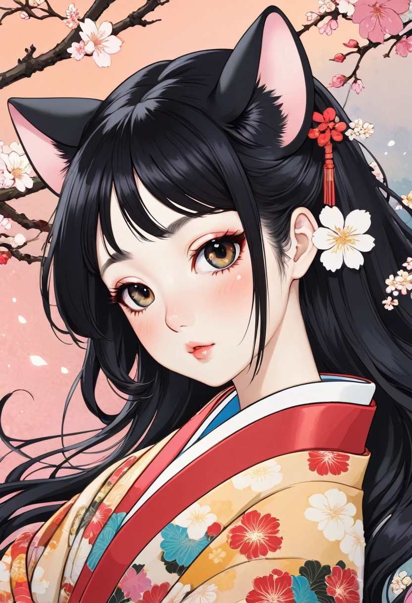 (utamaro style:1.2) , Hallucination, daydream , nightmare , Insane Dream , bokeh , erotica , romance , realistic mouse girl and realistic cat , kimono , futon , Petals fluttering down , Single eyelids, round nose, swollen cheeks