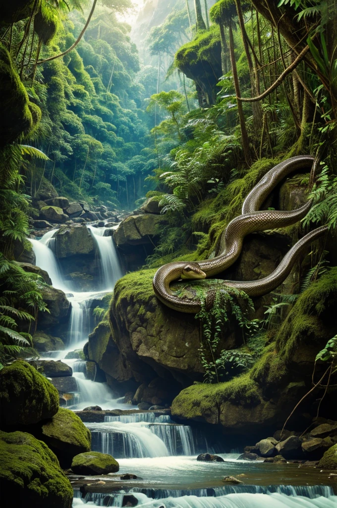 ((Best Quality)), ((old work)), (Detailed), giant snake in a rocky waterfall (jungle)