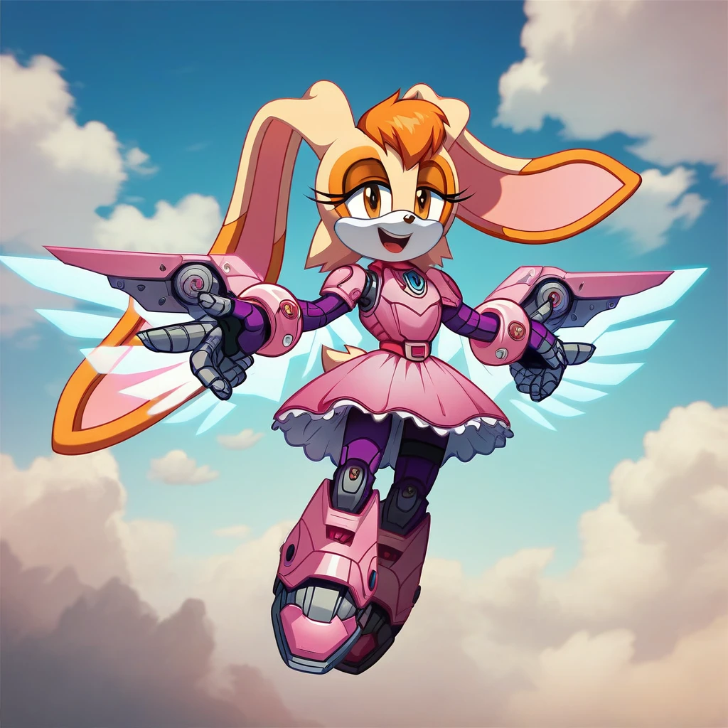 (score_9, score_8_up, score_7_up), Solo, (Vanilla the Rabbit), Sonic \(Series\), (Science Fiction, Purple Armored bodysuit, Pink Armored Dress, Mecha, Android, Cyborg, mechanical wings, glowing wings)+, Angel Wings, Beautiful, Flat Colors, Vector, SVG, Happy, Clouds, Highly Detailed